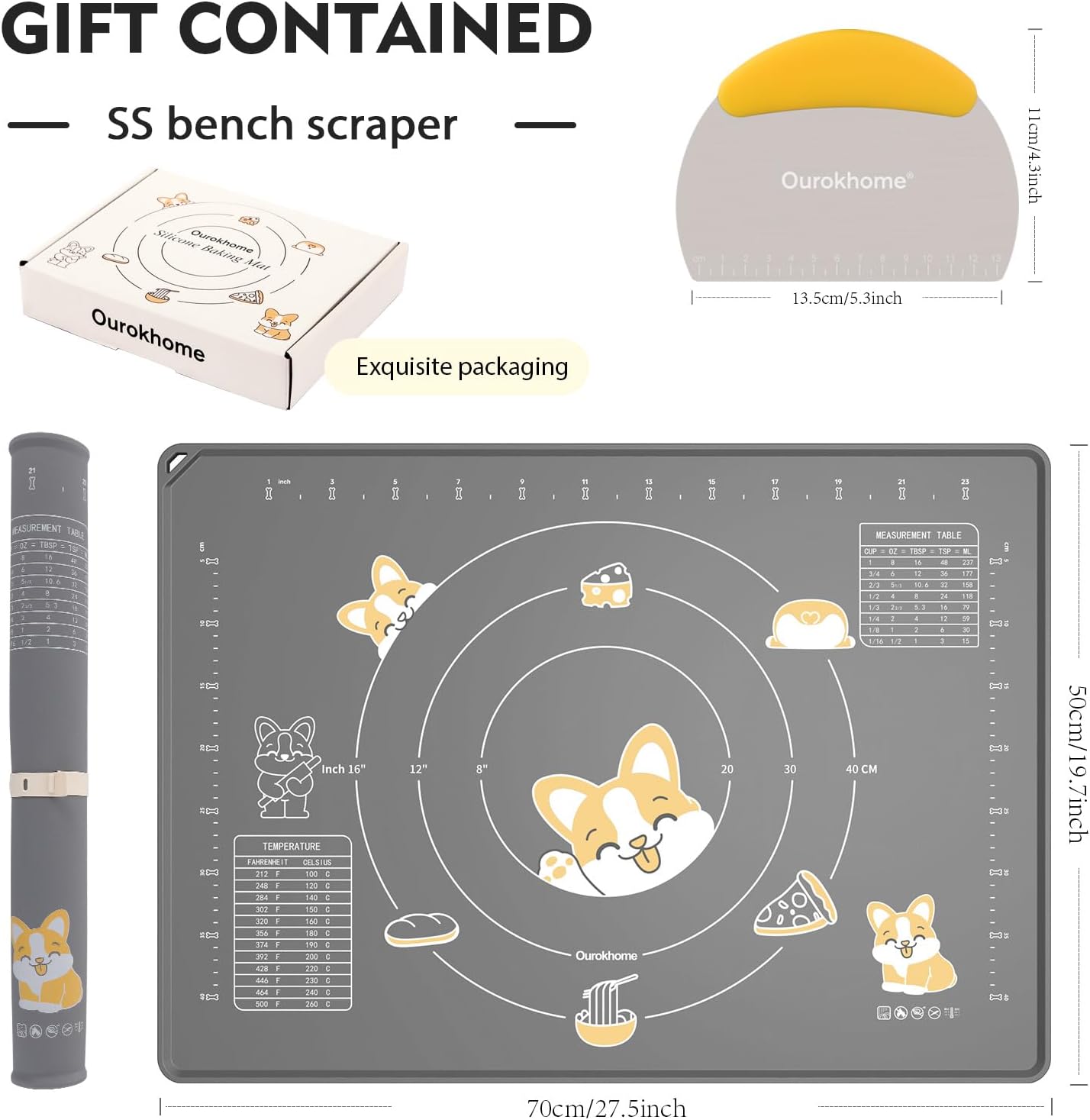 Ourokhome Silicone Baking Mat Sheet and Pastry Dough Cutter, 0.5 Inch Thick 28" X 20" BPA free Silicone Rolling Mat, Non-Stick and Anti-Slip, Dishwasher Safe (Gray)