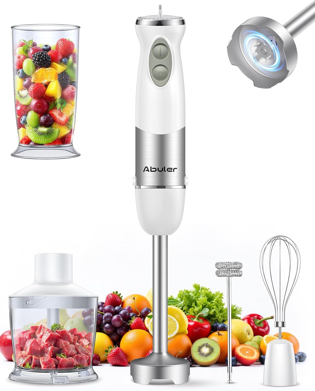 Immersion Blender Handheld 1000W 5 in 1 Corded Stick Hand Blender Kitchen with 12 Speed, BPA-Free, Mixing Beaker, Chopper, Whisk, Milk Frother, Perfect Emulsifier for Soup, Baby Food, Sauce, Puree
