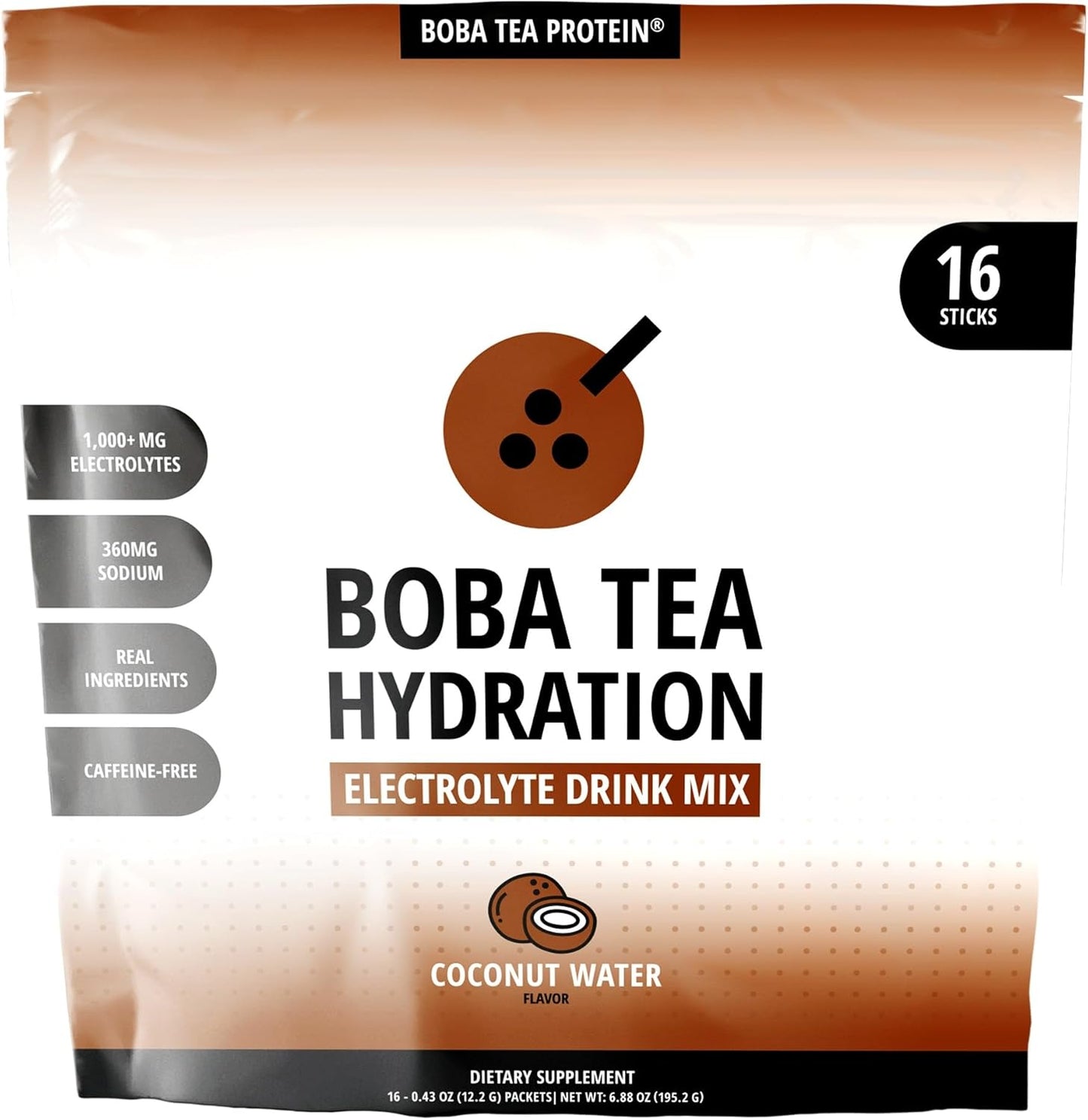 Boba Tea Hydration | Electrolyte Powder Drink Mix | Coconut Water | 1000mg Electrolytes, Vitamin C | 16 Stick Packets