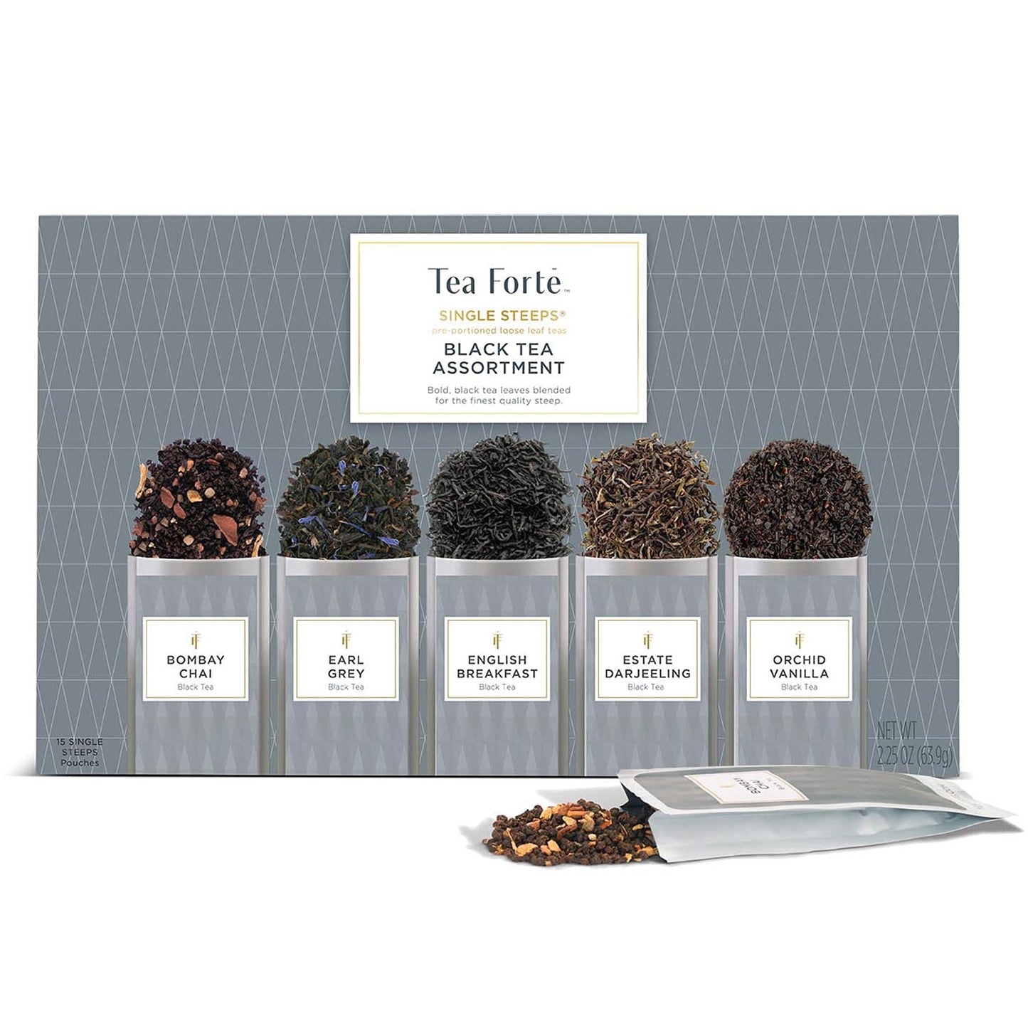 Tea Forte Black Tea Assortment Single Steeps Loose Leaf Premium Tea Gift Set Sampler, 15 Count 3 of Each Assorted Blends, Pre-Portioned Single Serve Pouches, Steeps 12 oz