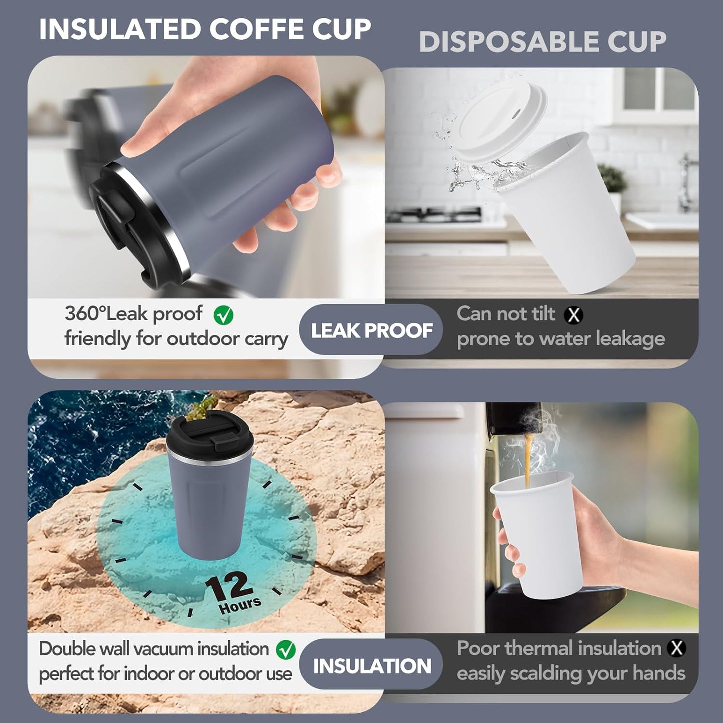 Volhoply 12 oz Double Wall Insulated Vacuum Travel Coffee Mug with Flip Lid Bulk 8 Pack,Reusable Stainless Steel Leak Proof Coffee Cup,Portable Cafe Thermal Tumblers for Hot & Cold Drinks(Gray,8 Set)