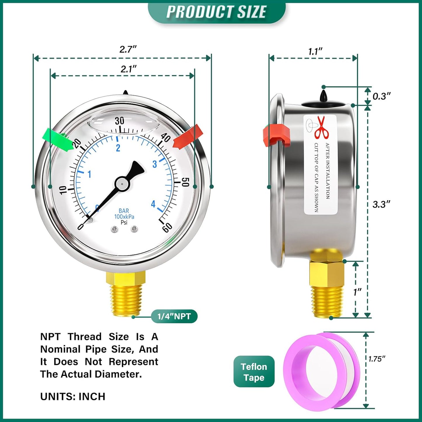 0-60psi Stainless Steel 1/4" NPT 2.5" Dial, Glycerin Liquid Filled Pressure Gauge Lower Mount for Pressure Testing of Water, Oil and Air (with Range Mark Pointer)