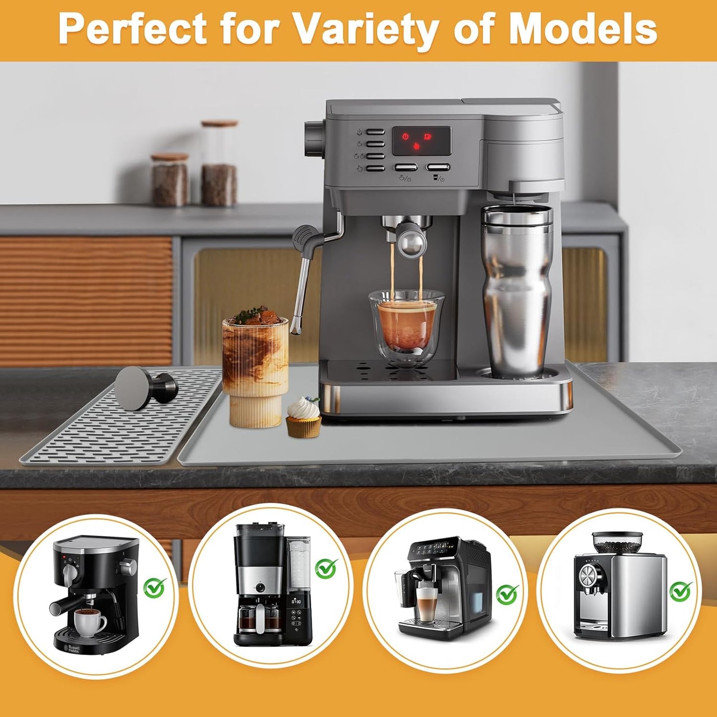 Silicone Coffee mat 24''x16'' – Non-Slip Bar Mat with Detachable Drying Layer for Espresso Machines, Countertops & Dish Racks-Gray