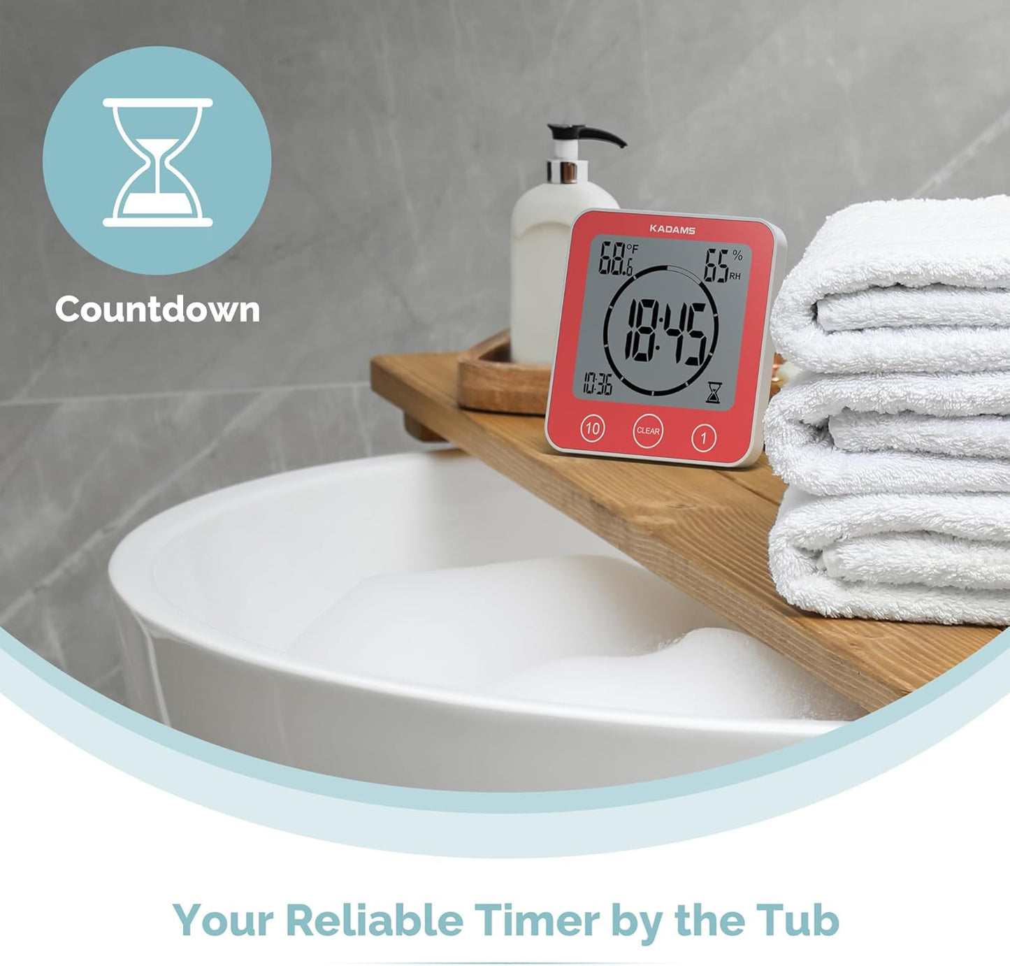 KADAMS Shower Clock Waterproof Bathroom Timer – Digital Wall Clock with Countdown, Magnetic Kitchen Clock with Temperature & Humidity, Suction Cup for Kids Shower Spa Sauna Cook Bath (Red)