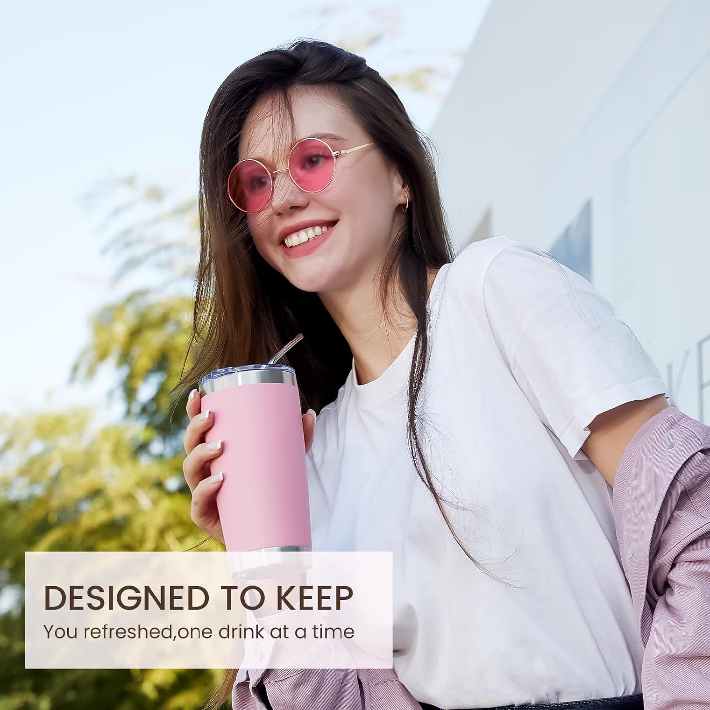 MEWAY 20oz Tumbler 4 Pack Double Wall Vacuum Insulated Travel Mug Bulk, Stainless Steel Tumblers with Lid and Straw, Durable Powder Coated Coffee Cups for Cold & Hot Drinks (Pink, 4)