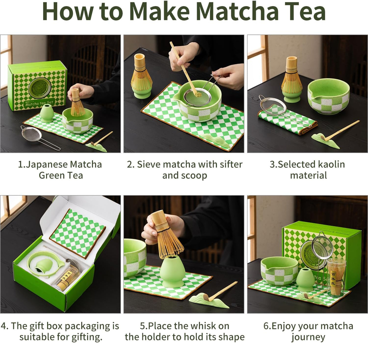 7pcs Traditional Matcha Tea Ceremony Set, green Ceramic Bowl with Bamboo Whisk, Holder and Strainer (Green grid) Elegant Matcha Set for Gifting and Personal Use, Gift Box Packaging