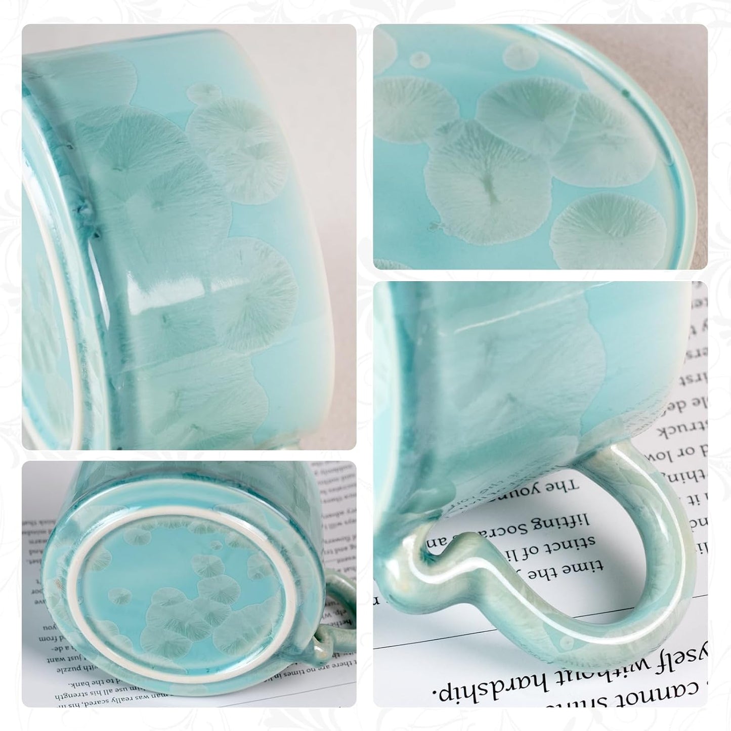 KAMMAK Tea Cups and Saucers Set of 2, Porcelain Coffee Cups, 7.5oz Crystalline Glaze Espresso Mugs, Ceramic Demitasse for Coffee, Cappuccino, Latte, Americano, Tea (Light green + Light blue)