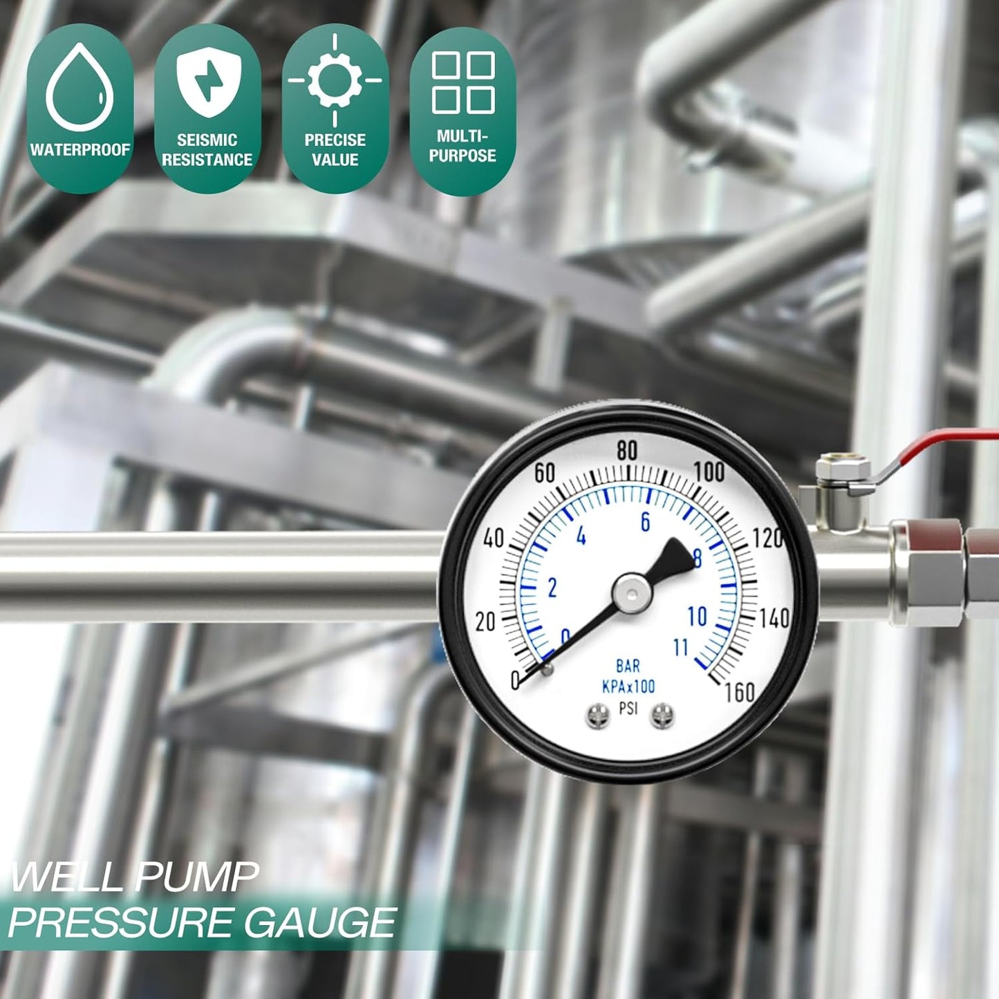 0-160psi Well Pump Pressure Gauge 1/4" NPT 2" Face Dial Size Back Mount, Multifunctional Practical Dry Pressure Gauge, for Water, Oil and Air Compressor