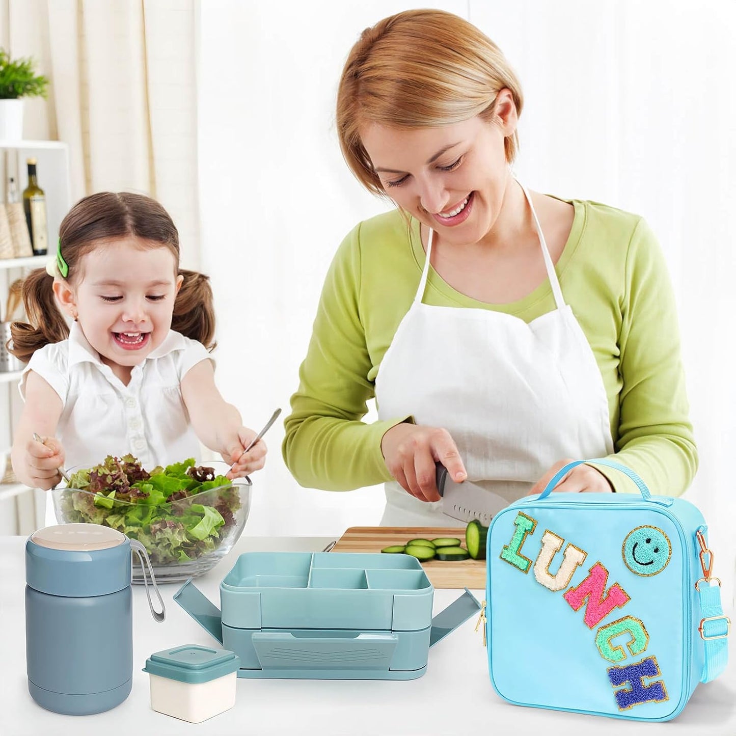 Kids Lunch Bag with 10oz Thermos, with 6 Compartment Bento Box, Blue Nylon Insulated Preppy Lunch Box Adjustable Strap Birthday Gift for Girl Kids Teens Picnic School Travel