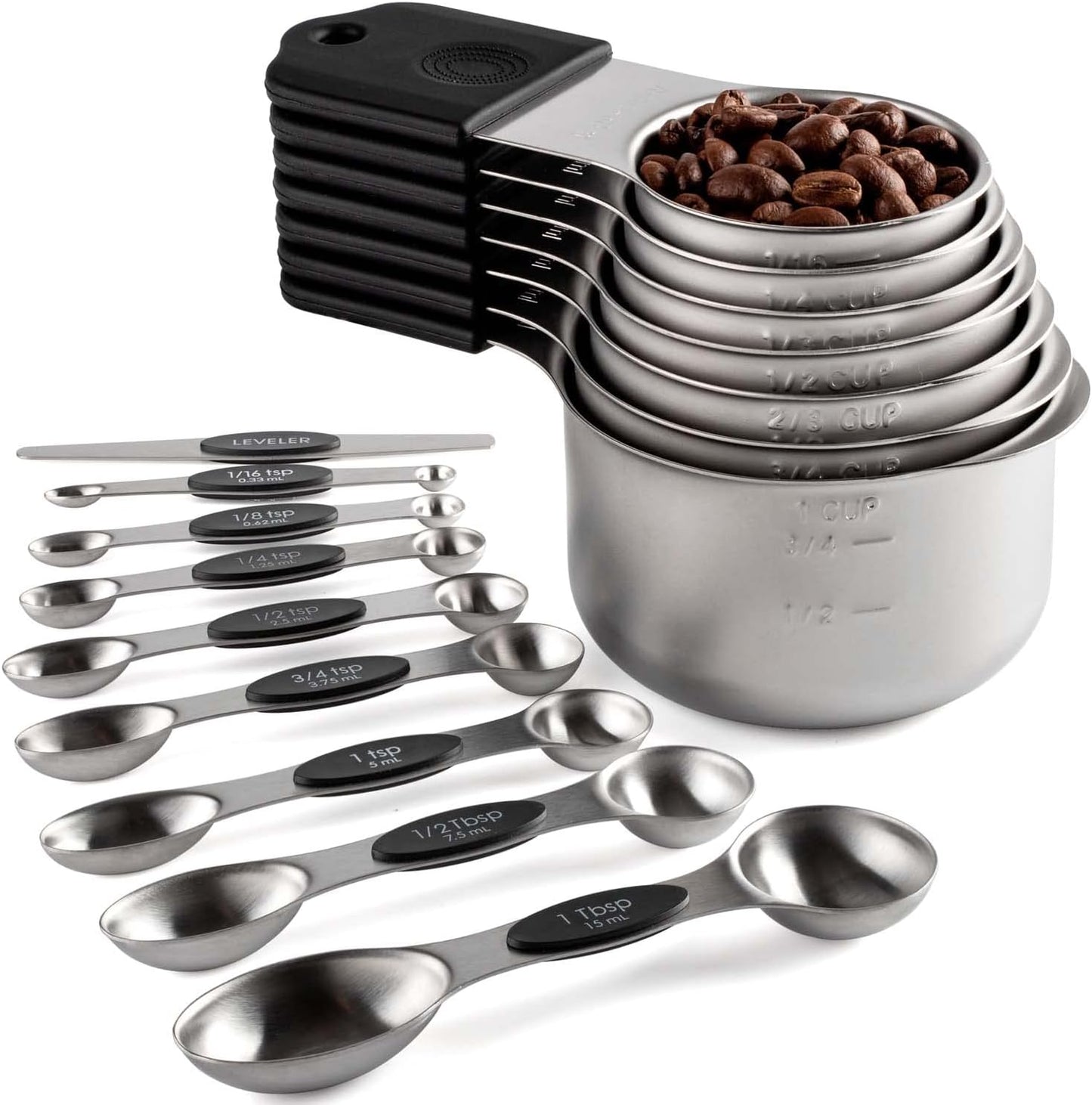 Magnetic Measuring Cups and Spoons Set Including 7 Stainless Steel Stackable Measuring Cup 8 Double Sided Magnetic Measuring Spoons with 1 Leveler for Dry and Liquid Ingredients (black)