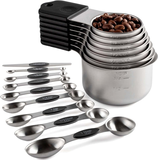 Magnetic Measuring Cups and Spoons Set Including 7 Stainless Steel Stackable Measuring Cup 8 Double Sided Magnetic Measuring Spoons with 1 Leveler for Dry and Liquid Ingredients (black)