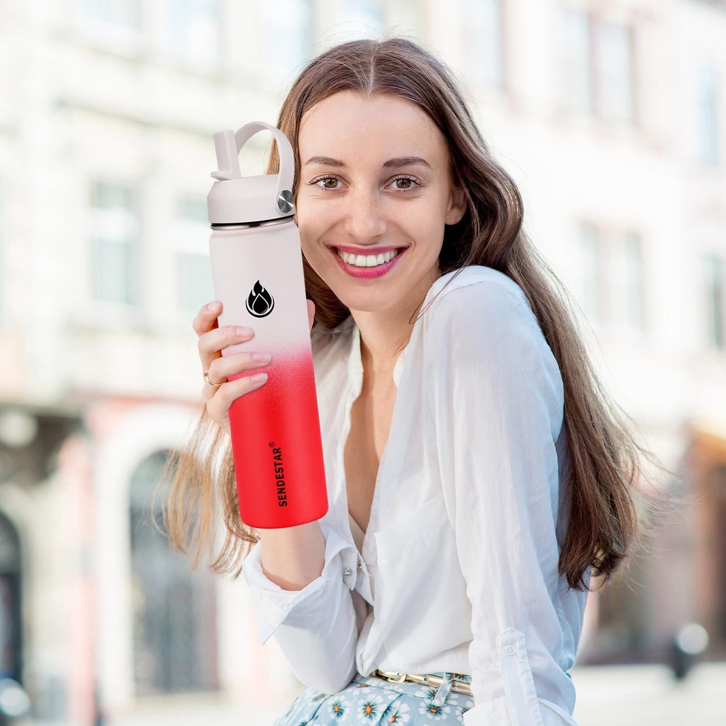 SENDESTAR Stainless Steel Wide Mouth Water Bottle 24oz Double Wall Vacuum Insulated Leak Proof Bottle with New Flex Straw Lid & Spout Lid