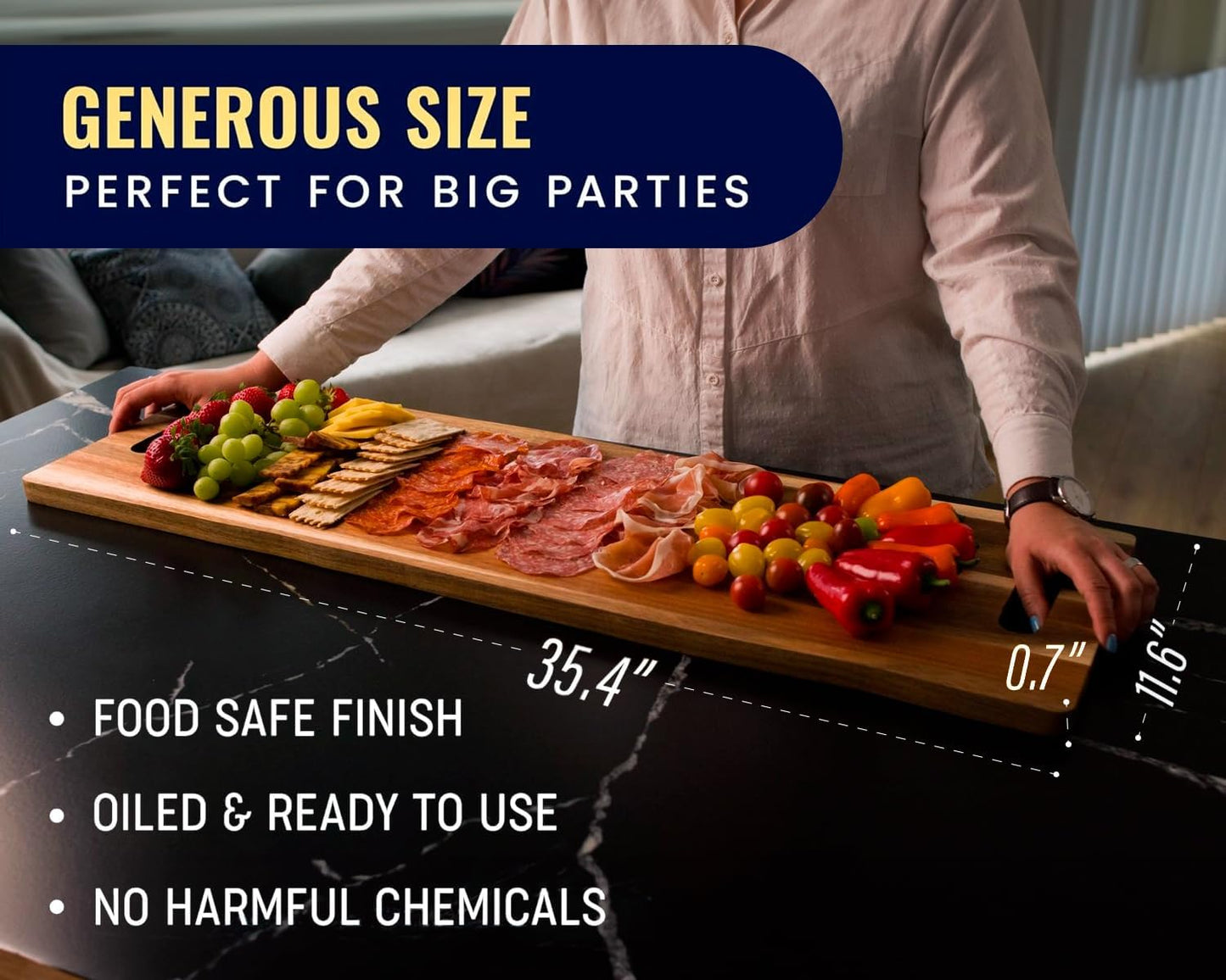 Comfify Extra Large 35" Acacia Wood Charcuterie Serving Board - Premium Wood Grain - Gourmet Meals, Cheese Platters, Appetizers, Dining Table, Kitchen, Patio, BBQ - Serve Chic, Feel Elegant