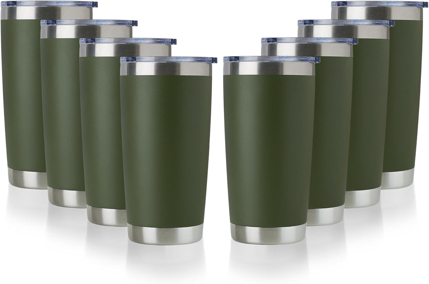 DOMICARE 20oz Stainless Steel Tumbler Bulk with Lid, Double Wall Vacuum Insulated Travel Mug, Powder Coated Coffee Cup, Army Green, 8 Pack