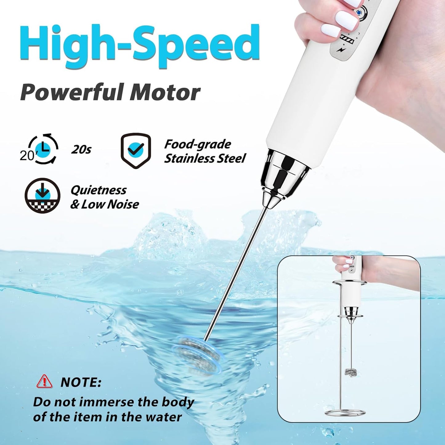 Milk Frother with Stand Rechargeable-Handheld Coffee Frother with 3 Stainless Whisks 3 Speed Adjustable, Electric Whisk Drink Mixer, Foam Maker Blender for Matcha Latte Cappuccino Chocolate