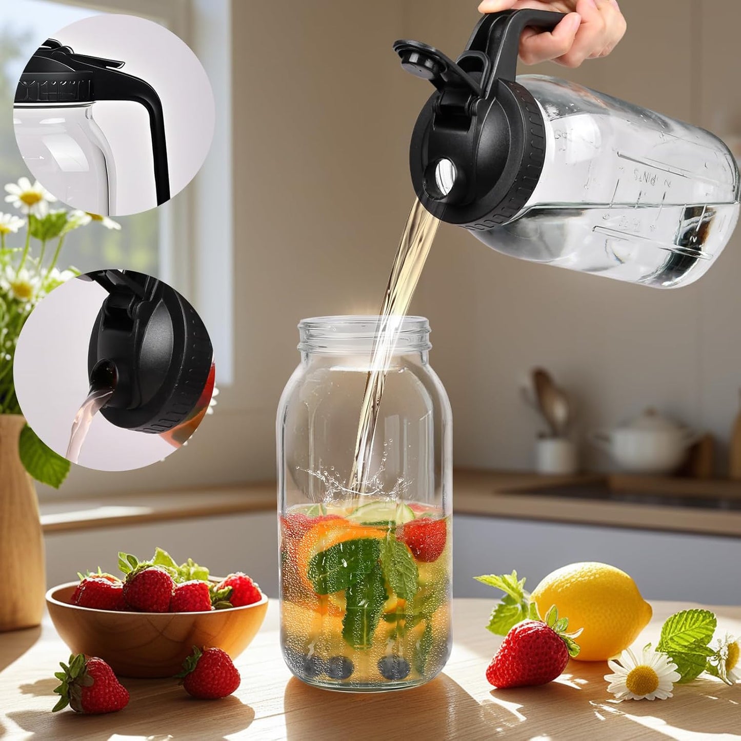 3 Pack 64oz Glass Mason Jar Pitcher with Airtight Lid and Handle – Wide Mouth, Leak-Proof, Ideal for Sun Tea, Cold Brew, Lemonade, Iced Coffee, Milk, and Water