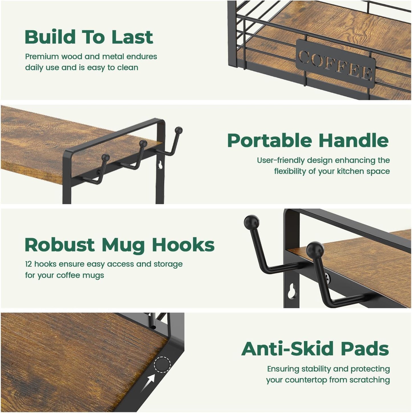 EsLuker.ly Coffee Mug Cup Holder Tree Bar Station Organizer, 2 Tier Mug Stand Rack for Countertop Kitchen, Storage Tower Display Shelf with 12 Hooks, Coffee Nook Enhancer, Vintage Brown Black