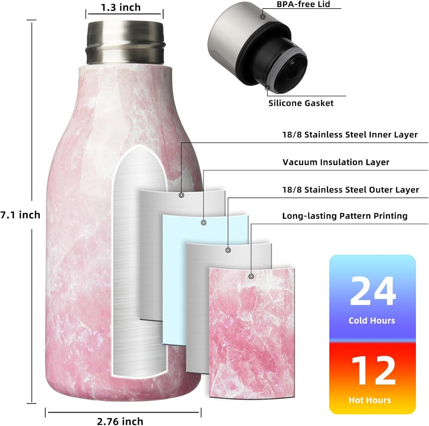 BJPKPK Insulated Water Bottles, 12oz Stainless Steel Metal Water Bottle with Strap, BPA Free Leak Proof Thermos, Mugs, Flasks, Reusable Water Bottle for Sports & Travel, Blossom