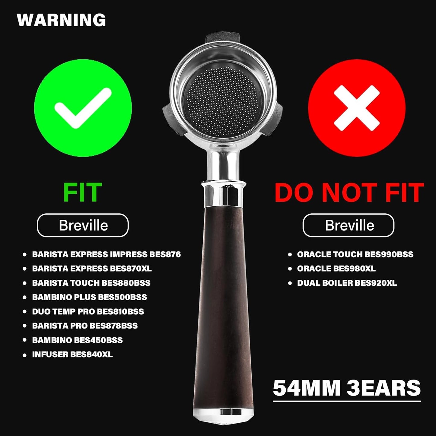 54mm Espresso Bottomless Portafilter with 3 Ear | Fits 54mm Breville/Sage Barista Espresso Machine | Stainless Steel Basket and Solid Wood Handle | Espresso Accessories