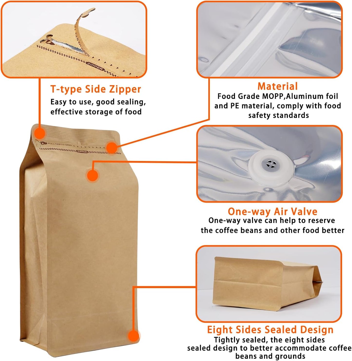 Coffee Bags with Valve (50 PCS,32oz/2lb) Kraft Paper High Barrier Aluminum Foil Flat Bottom Standing Coffee Beans Storage Packaging Bags,Reusable Heat Seal Side Zipper Pouches for Small Business&Home