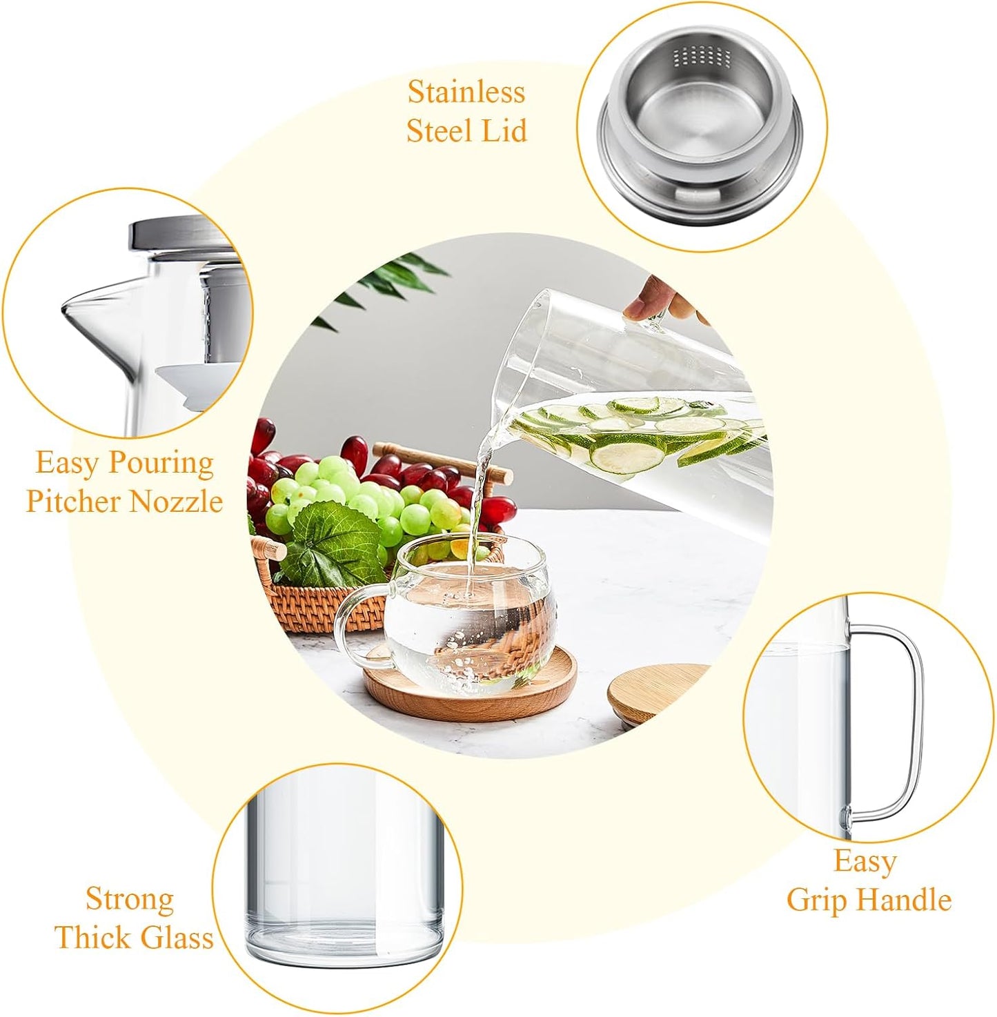 Hsei 2 Sets Glass Pitcher with Lid, 50 oz / 1500 ml Water Carafe with Handles Hot Cold Beverage Water Jar Glass Jug for Tea Juice Milk Coffee Iced Beverage