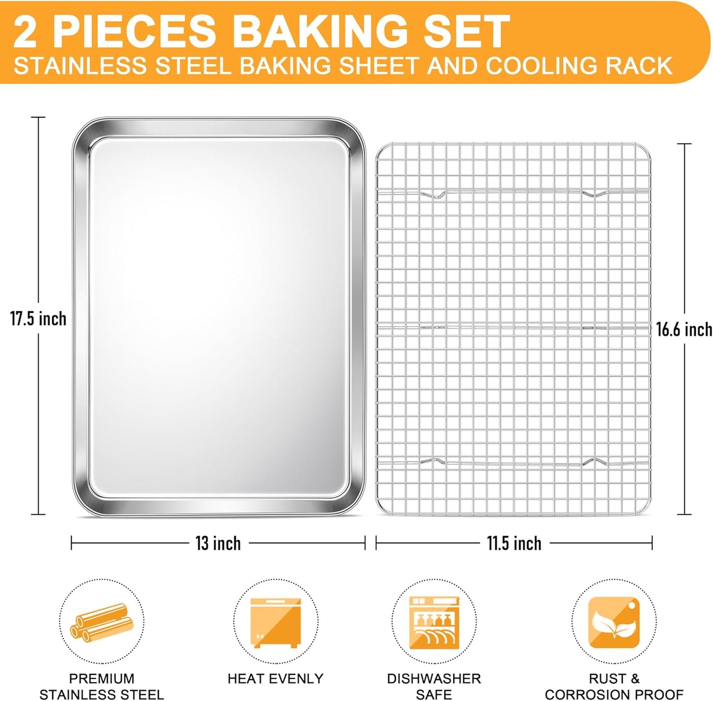 E-far Baking Sheet with Wire Rack Set, 17.6” x 13” Stainless Steel Cookie Sheet Baking Pan for Oven, Rimmed Large Metal Tray with Cooling Rack for Cooking Roasting, Non-Toxic & Dishwasher Safe