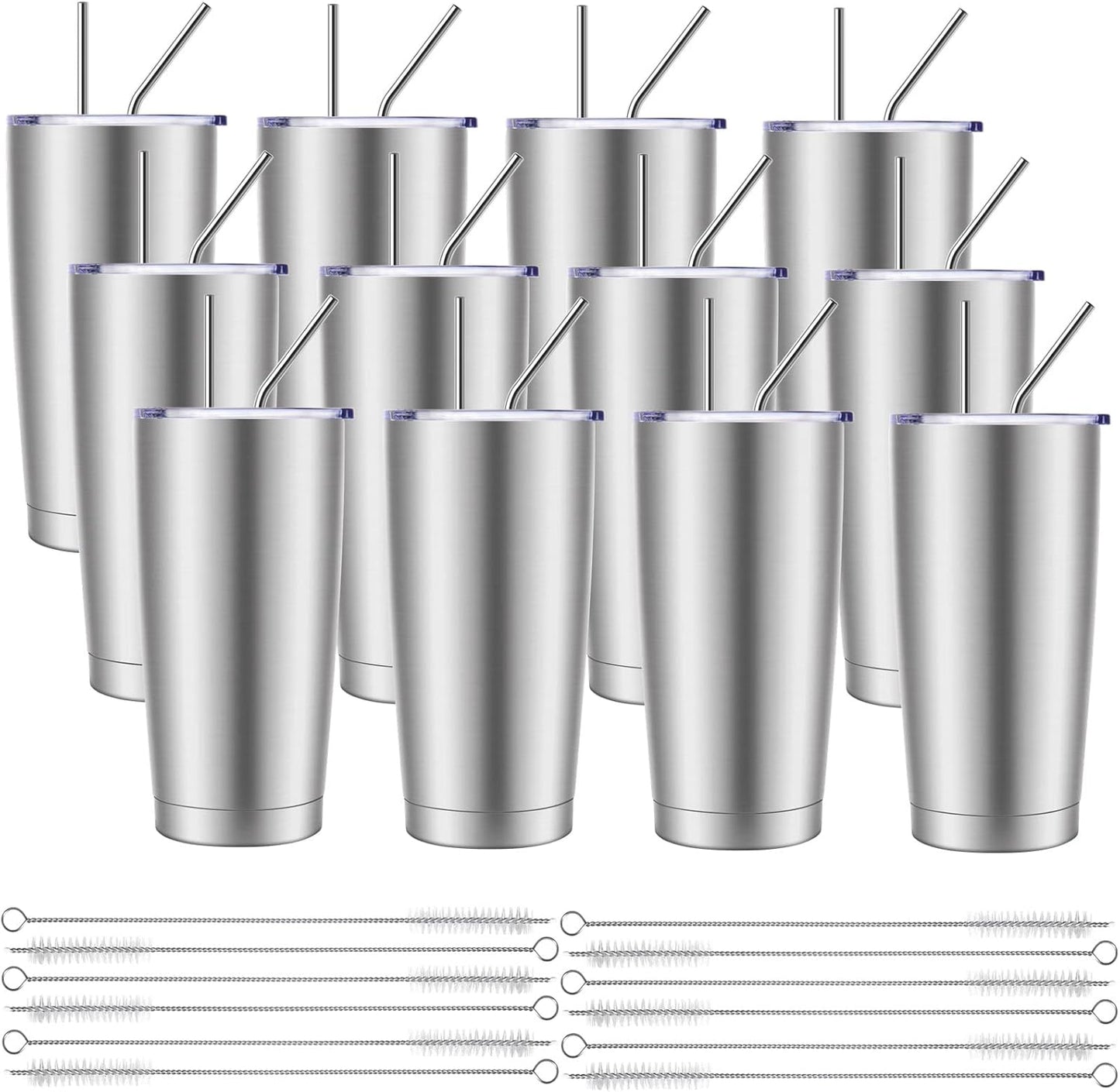 Pandance 20oz Stainless Steel Insulated Tumblers with Lid and Straw Bulk, Double Wall Vacuum Water Cups for Hot & Iced Coffee Drinks Travel Mug (Silver, 12 pack)