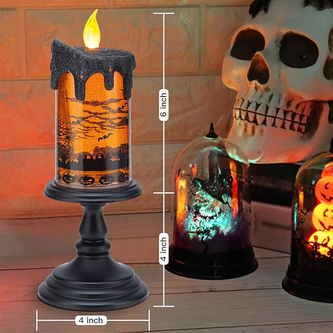 Halloween Snow Globe Candles Lighted Lamp, Lighted Flameless Candles with Water Glitter Swirls and Spooky Moving,Battery Operated