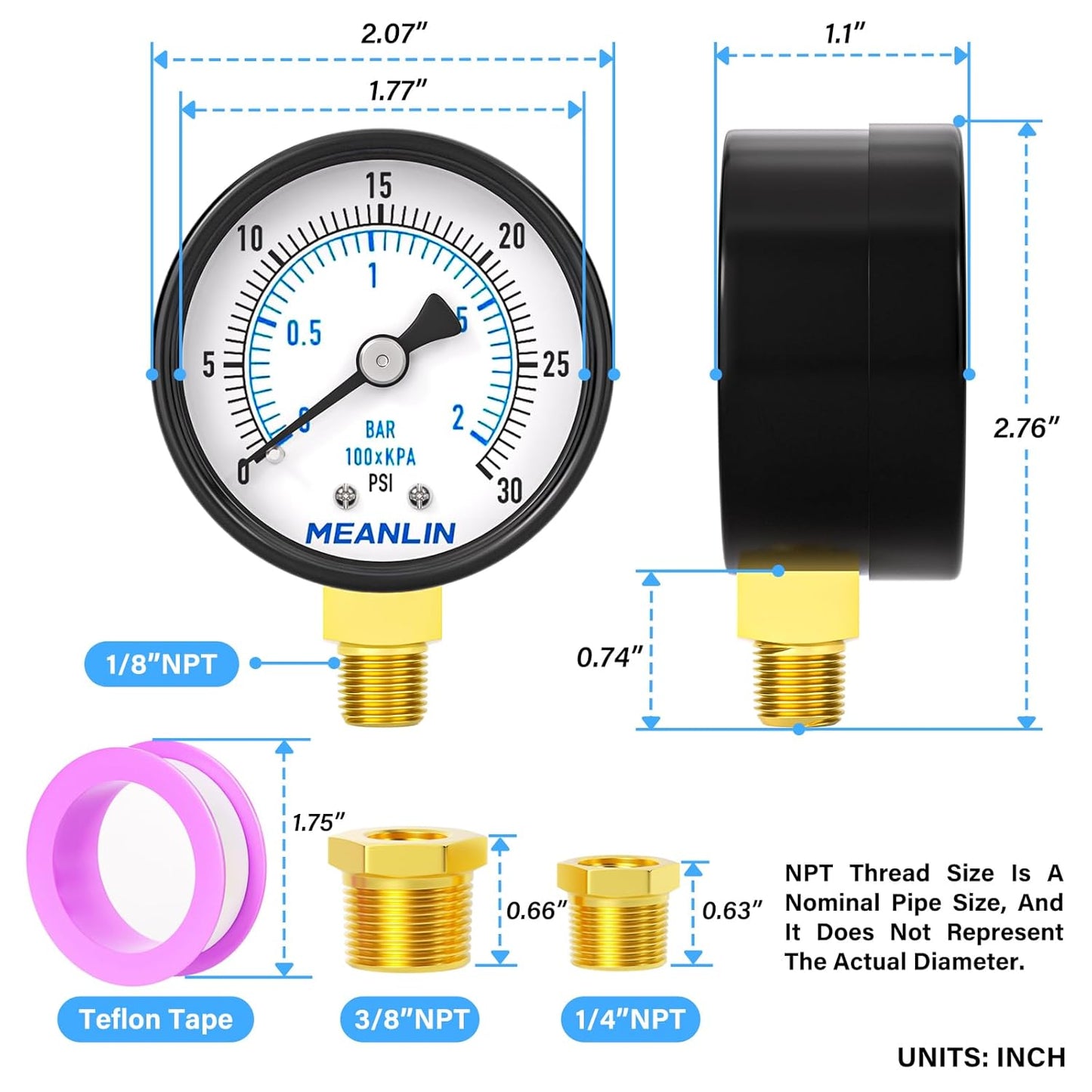 MEANLIN MEASURE 0-30Psi 2" DIAL FACE 1/8" NPT Well Pump Pressure Gauge, with 1/4" NPT and 3/8" NPT Hex Bushing, 3-2-3% Accuracy, Lower Mount