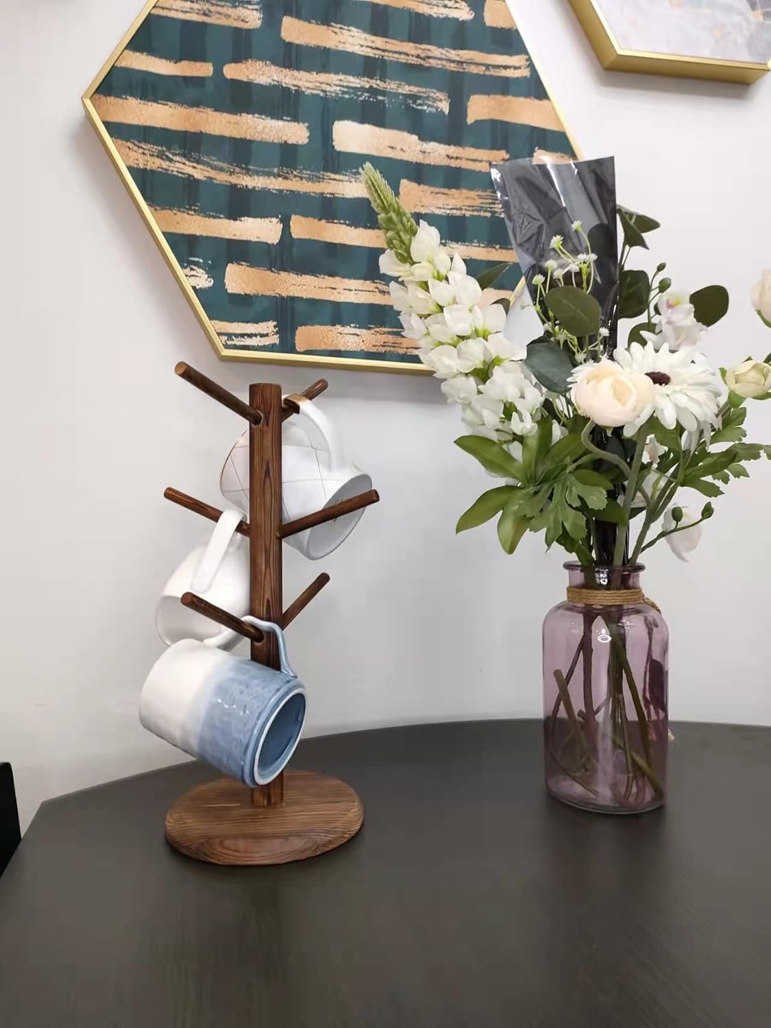 Dorhors Mug Holder Tree,Coffee Cup Holder with 6 Hooks, Wood Mug Rack for Counter,Coffee Bar Accessories and Orgnizer Station(Brown)