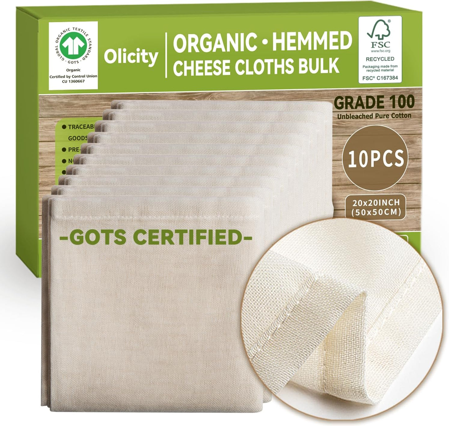 Organic Cheesecloth Bulk, GOTS Certified,10PCS,Grade 100,20x20Inch Hemmed Cheese Cloths Fabric Reusable Fine Mesh Cloth,100% Cotton Unbleached Muslin Bulk Cheesecloth Roll for Straining,Cooking,Yogurt