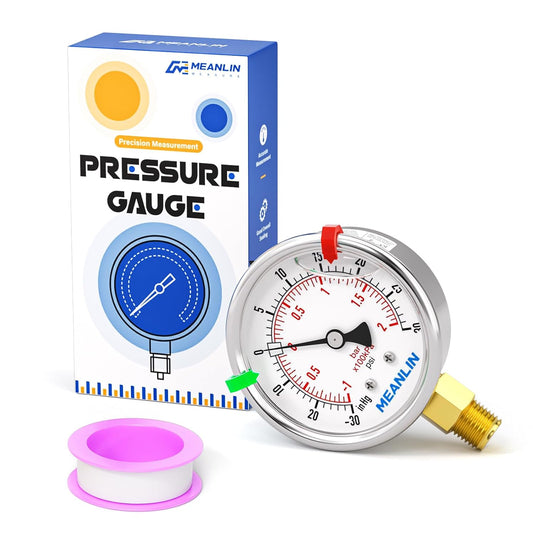 MEANLIN MEASURE -30inHG~30Psi Vacuum Pressure Gauge 1/8" NPT 2.5" FACE DIAL, Stainless Steel Liquid Filled Pressure Gauge WOG Water Oil Air Lower Mount (with 2PCS Snaps)