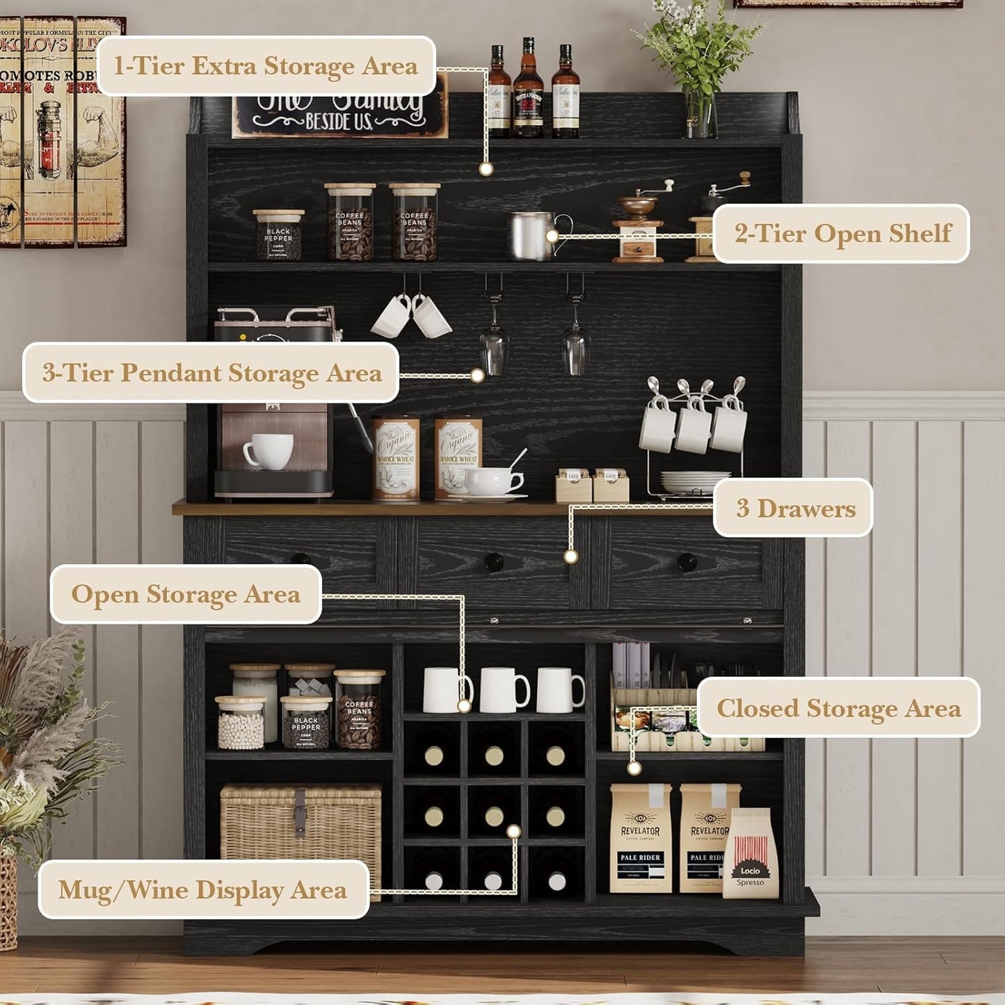 63 Inch Tall Coffee Bar Cabinet with 3-Tier Storage, Kitchen Hutch with 3 Drawers, Farmhouse Coffee Bar with 9 Racks & 3 Glass Holders, Wine Bar Cabinet for Living Dining Room, Black
