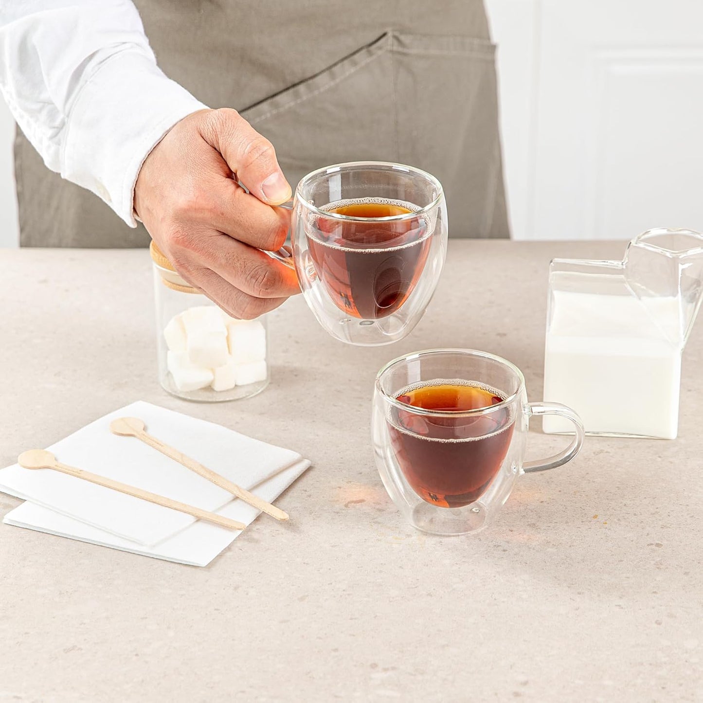 Restaurantware-Forma Professional 5.1 Ounce Glass Coffee Cups, 2 Insulated Coffee Cups With Handle - Dishwashable, Reusable, Clear Double Wall Beverage Tumblers, Freezable, For Hot Or Cold Beverages