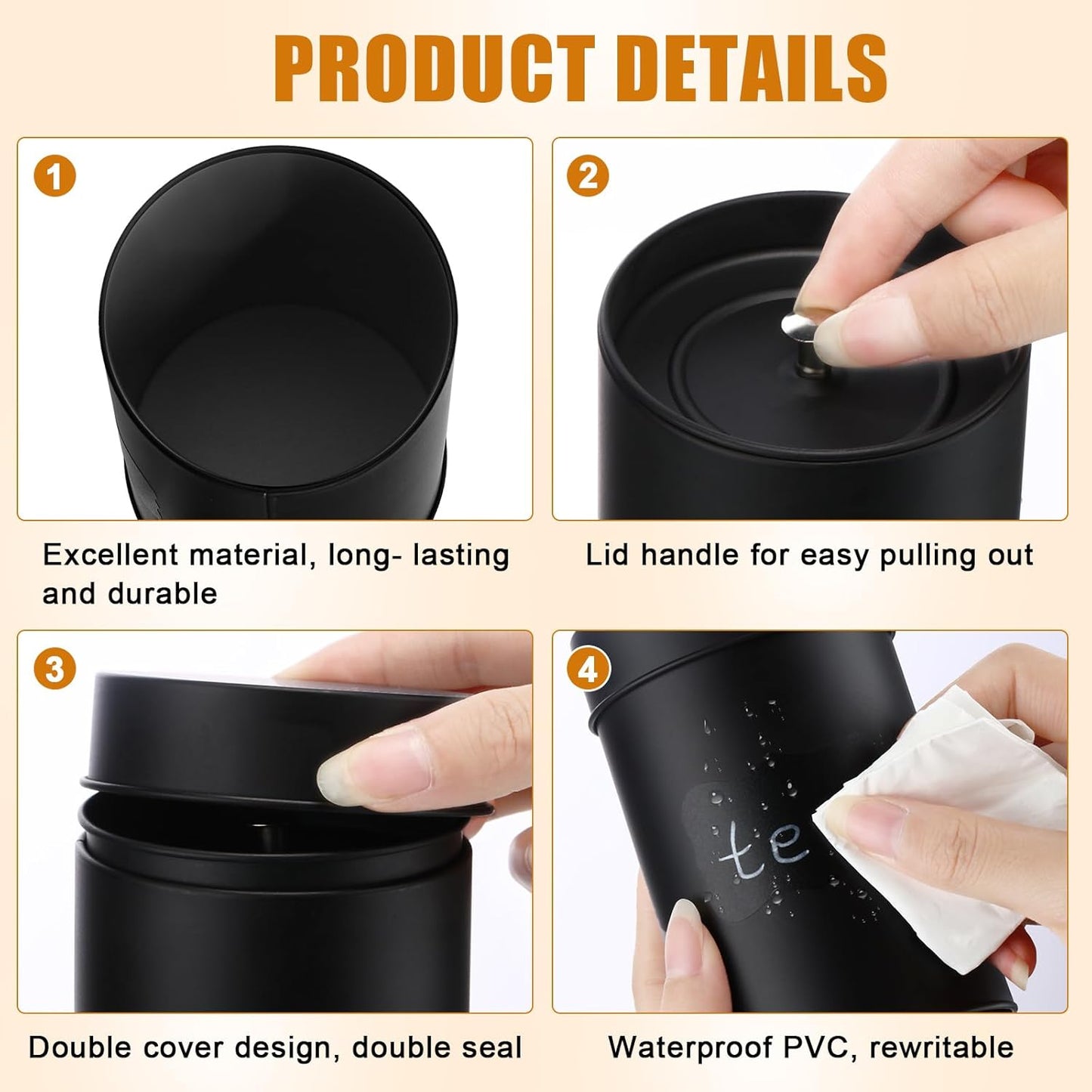 Tanlade 6 Pcs Tea Tin Canister Metal Round Can with Airtight Lid Double Sealed Tea Tin Canisters, with 1 Erasable Chalk Marker and 16 Stickers for Loose Leaf Coffee Sugar, 16 oz