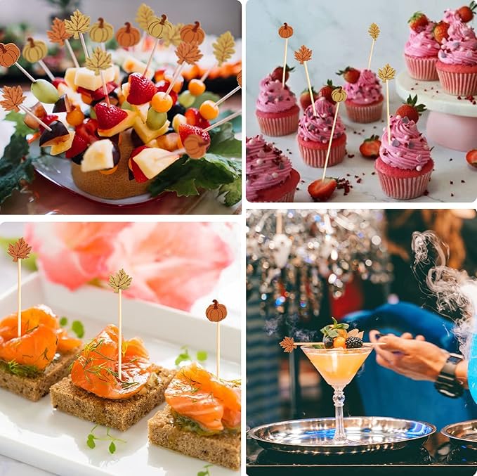 Fall Cocktail Picks Pumpkin Maple Leaf Assorted Autumn Theme Toothpicks Fruit Drinks Dessert Sticks Food Sandwich Appetizer Charcuterie Skewers, for Thanksgiving Decorations Party Supplies (200)