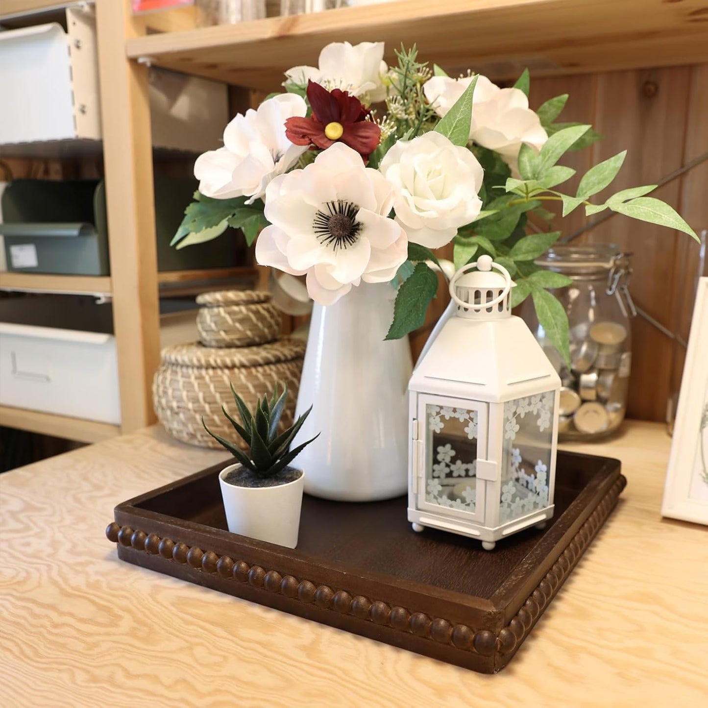 Square Wood Decorative Tray, Rustic Coffee Table Serving Tray for Ottoman, Farmhouse Kitchen Counter Organizer, Bedroom, Home Decor(Retro Brown)