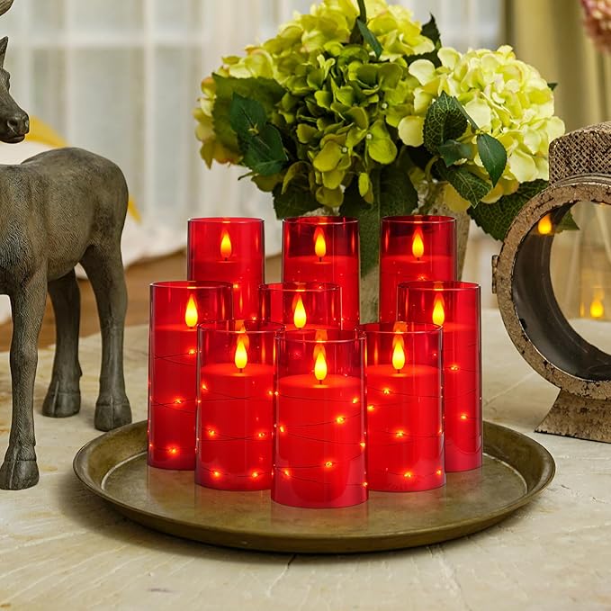 Homemory 9 Pcs Flameless Candles with Embedded Star String Fairy Lights, Battery Operated Candles, LED Candle, Fake Candles with Remote Control and Timer (Red)