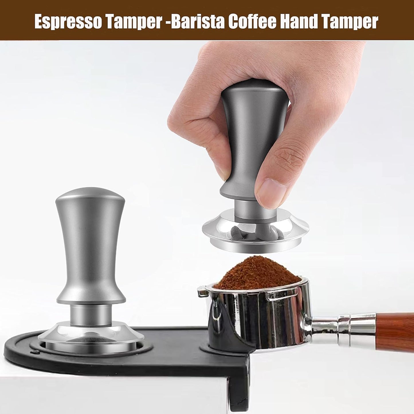K COOL Espresso Hand Tamper, Premium Barista Coffee Tamper with Calibrated Spring, Stainless Steel Base Tamper Compatible with Espresso Machine Rancilio, Gaggia Bottomless Portafilter (58mm, Silver)
