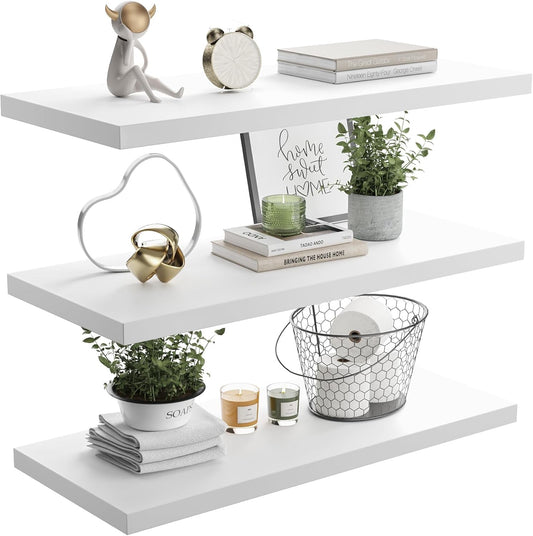 Wall Shelf Set of 3, White Floating Shelves 30 in W x 10 in D x 1 in H, Wooden Floating Wall Shelf with Invisible Brackets for Living Room/Bedroom/Bathroom/Kitchen Storage and Decor