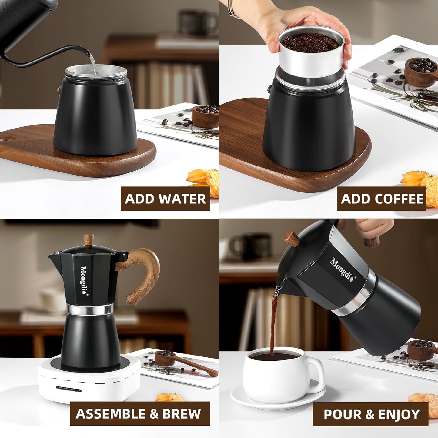 Mongdio Stovetop Espresso Maker Moka Pot, Cuban Coffee Maker Stove top coffee maker Moka Italian Espresso Greca Coffee Maker Brewer Percolator, 12 Espresso Cups, 20 oz - Black