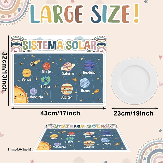Spanish Educational Preschool Placemats Set of 6 Boho Plastic Table Mats Toddler Children Montessori Place Mats for Kids Washable Vinyl Holiday Table Decoration for Indoor Outdoor Party Kitchen Dining