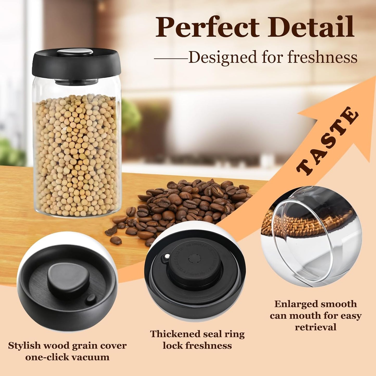 Vacuum Glass Jar with Airtight Lid,41floz/1200ml Borosilicate Glass Coffee Canister Container,Perfect for Coffee Beans & Grounds,Loose Leaf Tea,Candy,Sugar,Nuts,Spices