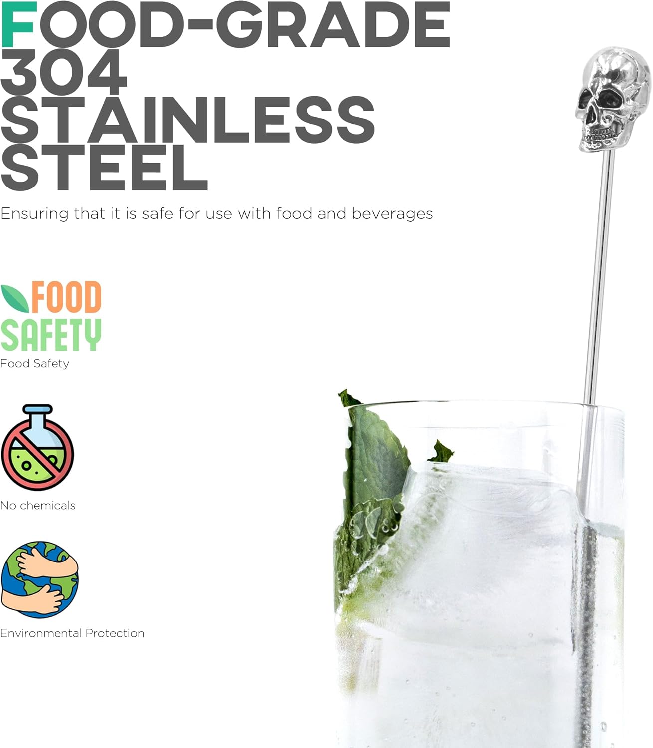 Homestia Coffee Stick Stainless Steel Swizzle Sticks Reusable Metal Stir Sticks Cocktail Coffee Drink Stirrer Spoon Beverage Cocktail Stirrers Stir with Skull Halloween Party (7.5'' Long, Set of 6)