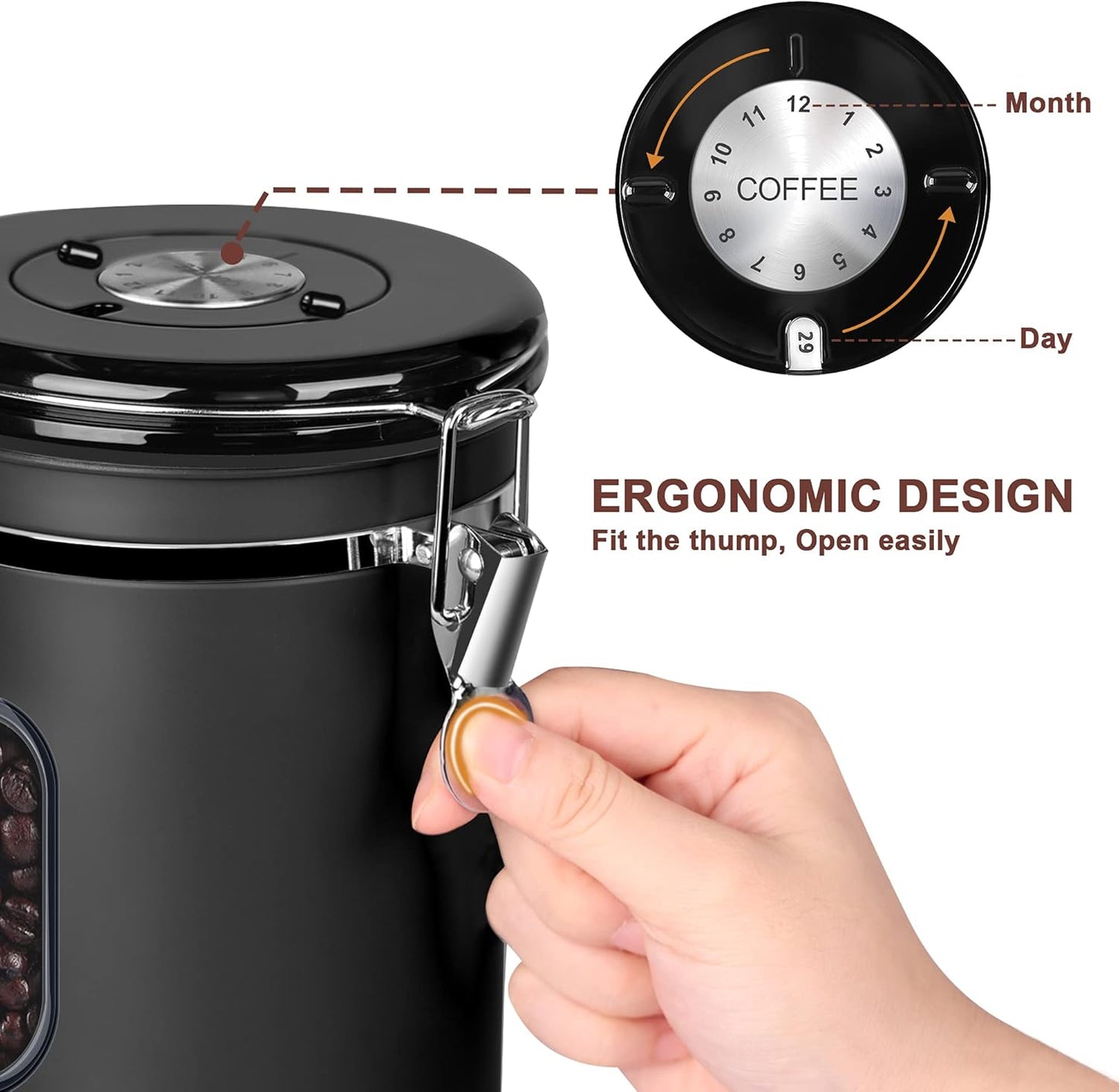 1800ML Airtight Coffee Canister with Date Tracker&Transparent Window, 22.8OZ Coffee Container with 30ML Measure Spoon&4 co2 Valve, Coffee Bean Storage Container for Grounds Coffee, Beans, Tea(Black)