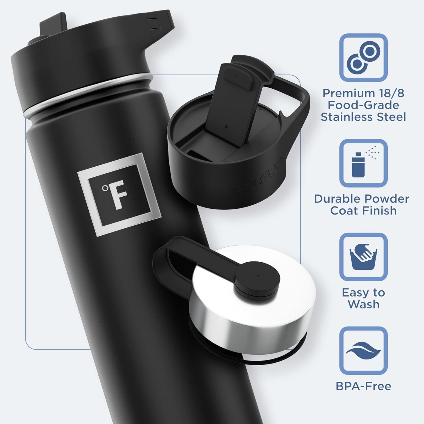 IRON °FLASK Camping & Hiking Hydration Flask with 3 Lids - Stainless Steel, Double Walled & Vacuum Insulated Water Bottle - Leak Proof & BPA Free (Midnight Black, Straw - 22 oz)