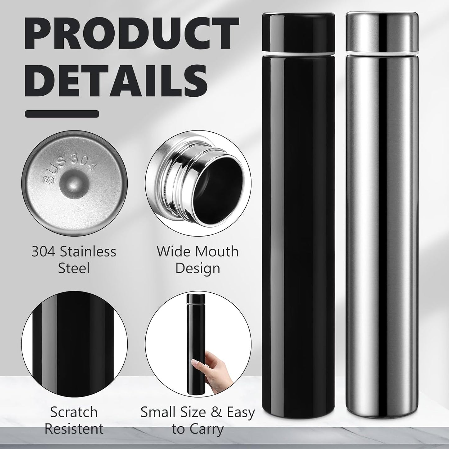 Vesici Slim Water Bottle 8.8 oz Small Stainless Steel Purse Compact Insulated Water Bottles Camping Travel Backpack Pocket Flask for Car Cold Coffee Tea(Silver, Black,2 Pack)