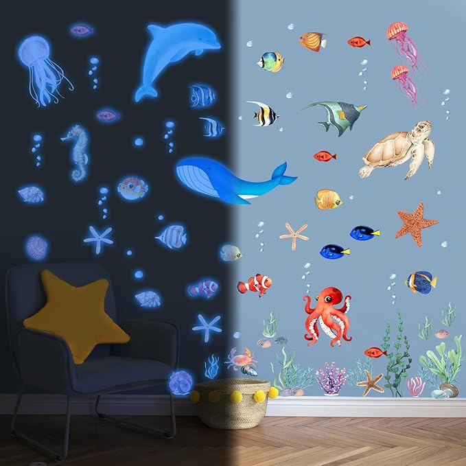Sea Turtle Ocean Fish Wall Decals Glow in The Dark, Under The Sea Life Animals Stickers for Ceiling, Girls Boys Waterproof Decoration for Living Room Wall Bathroom Toilet