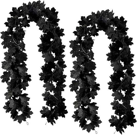 Joyhalo 2 Pack Halloween Garland, 5.7FT Black Leaf Garland for Mantle, Artificial Hanging Black Maple Leaves Vines, Spooky Halloween Outdoor Floral, Haunted Mansion, Fireplace, Fall Decor