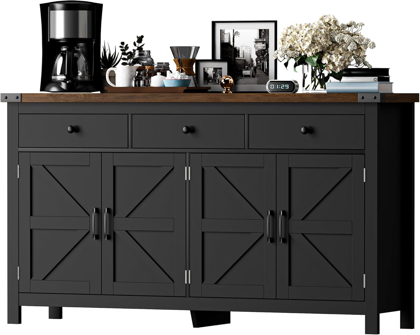 63" Sideboard Buffet Cabinet with Storage, Coffee Bar with 3 Drawers and 4 Barn Doors, Long Wider Storage Cabinet Modern Farmhouse, Black Wood, for Kitchen, Dining Room, Living Room